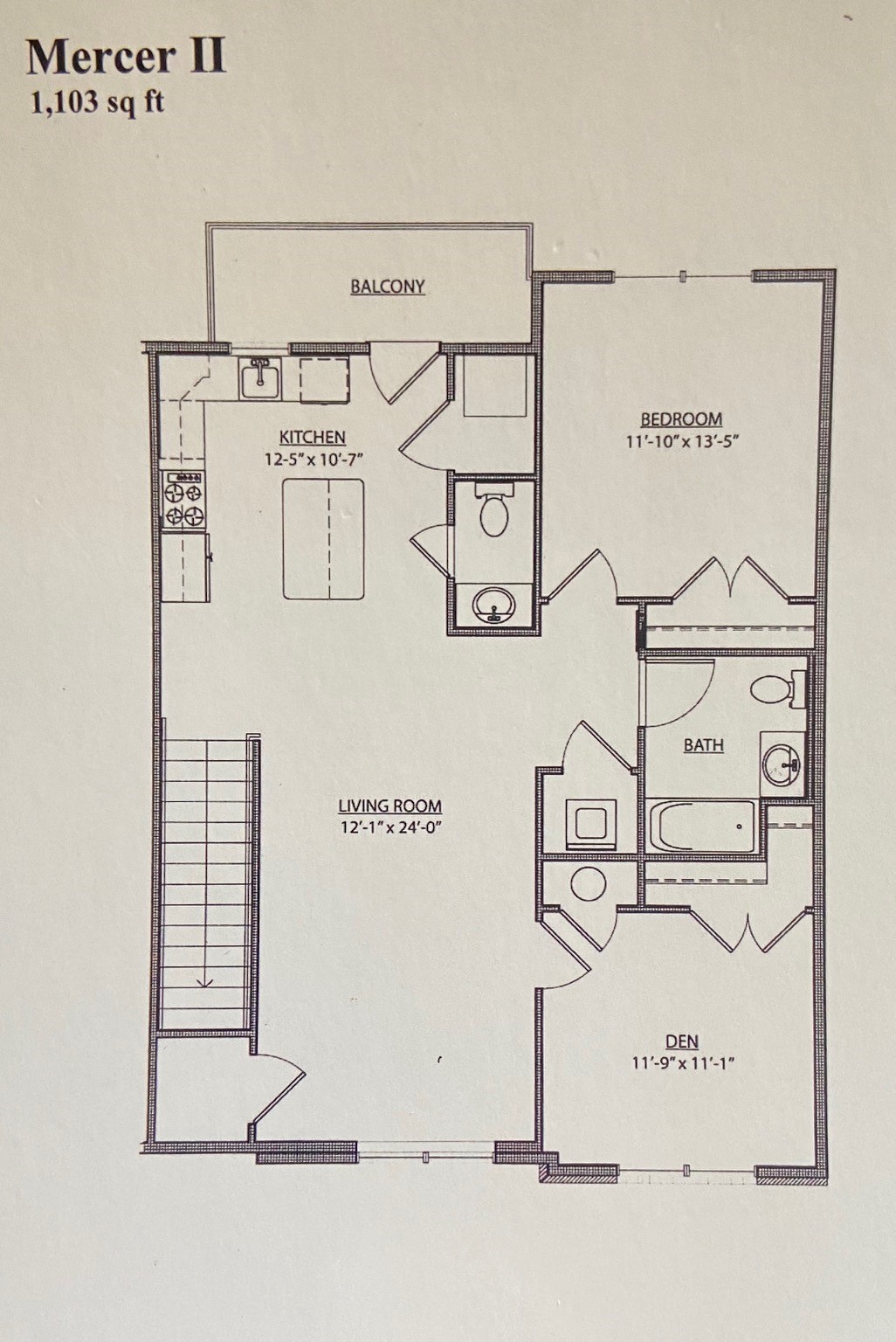 Floor plan for 1 bed, 1.5 baths, 1103 sqft